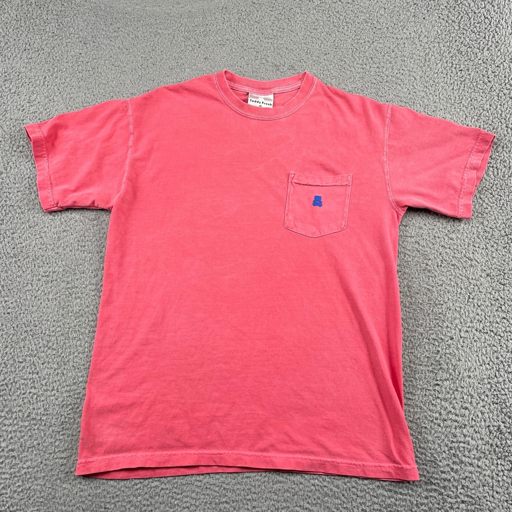 Teddy Fresh T-Shirt Mens Medium Pink Pocket Tee Short Sleeve Blue Bear Logo Logo